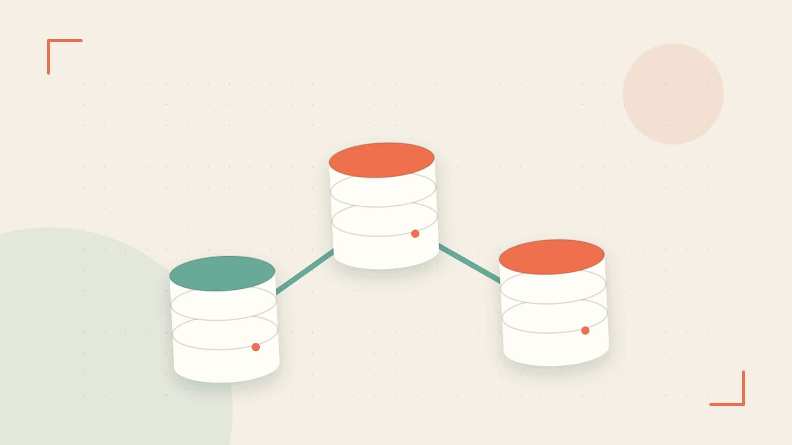 Editorial illustration of structured records, database cylinders and relationships between tables