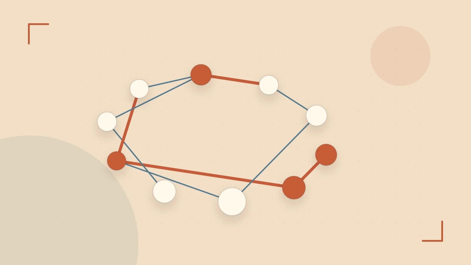 Editorial illustration of an algorithmic node graph with branching paths and a highlighted result