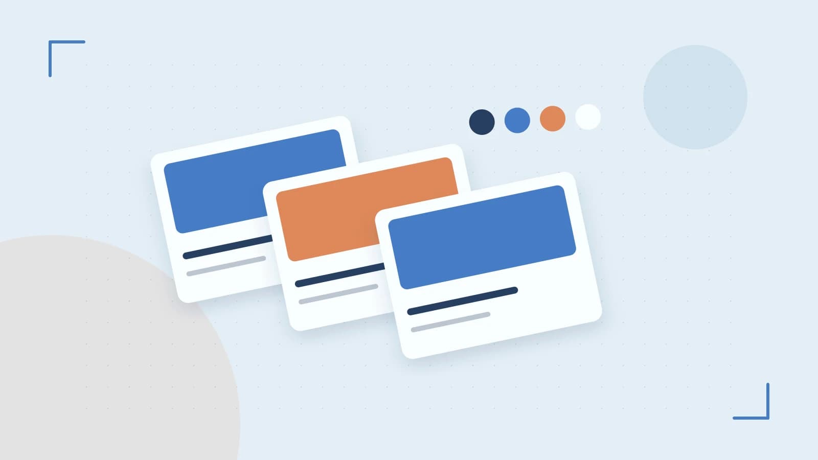 Editorial illustration of responsive browser layouts, overlapping design components and a color system