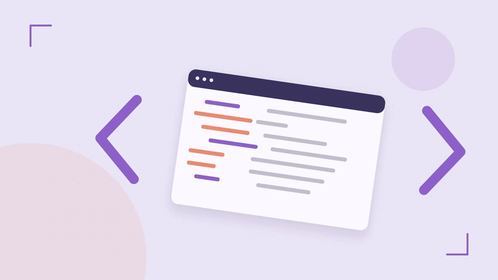 Editorial illustration of an abstract code editor, syntax blocks and oversized programming brackets