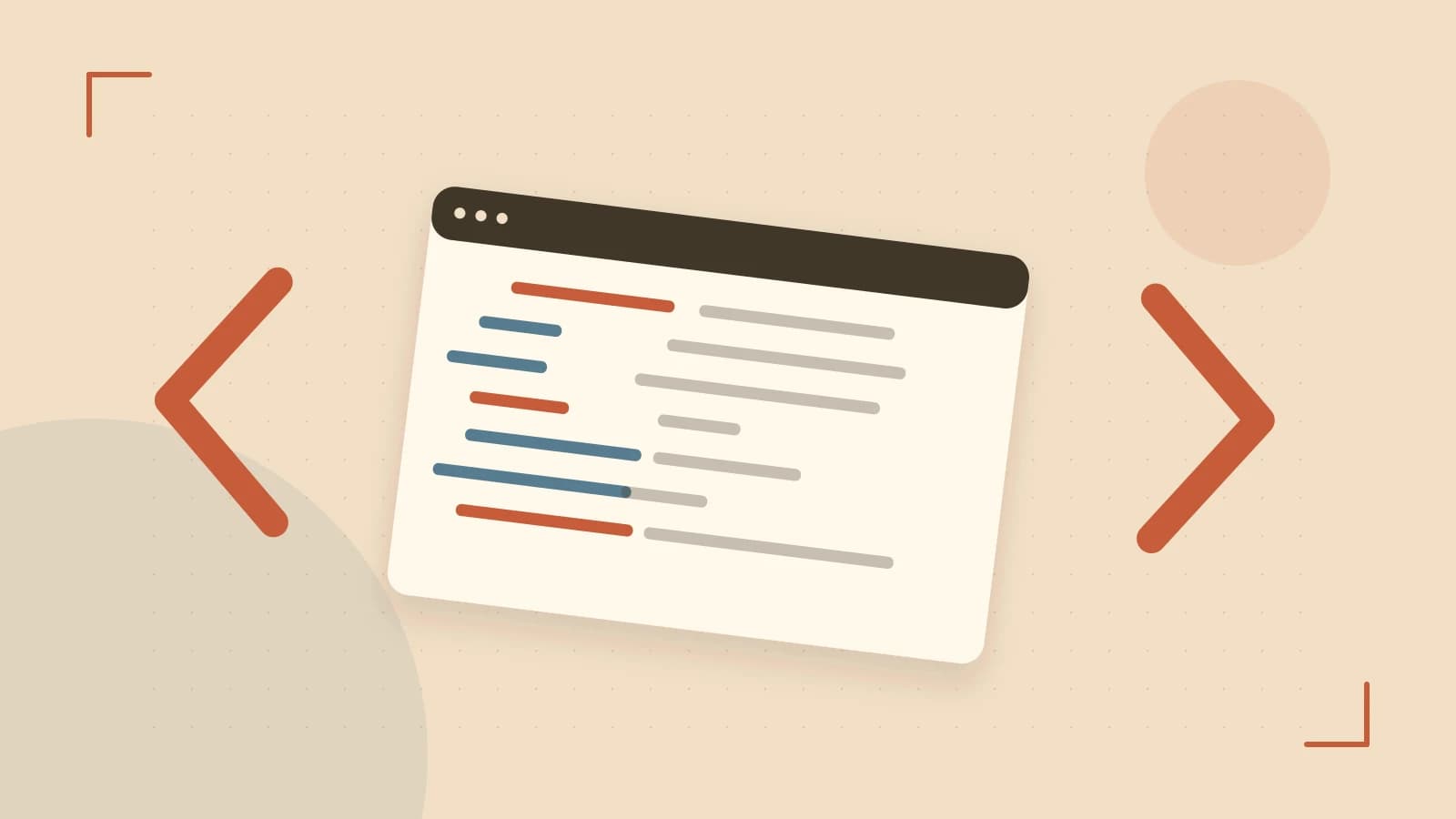 Editorial illustration of an abstract code editor, syntax blocks and oversized programming brackets