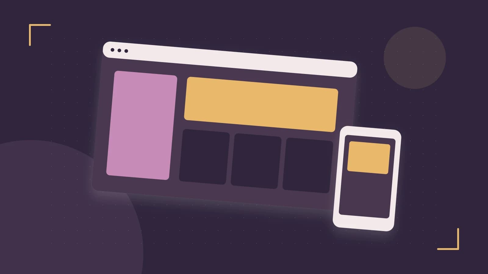 Editorial illustration of responsive browser layouts, overlapping design components and a color system