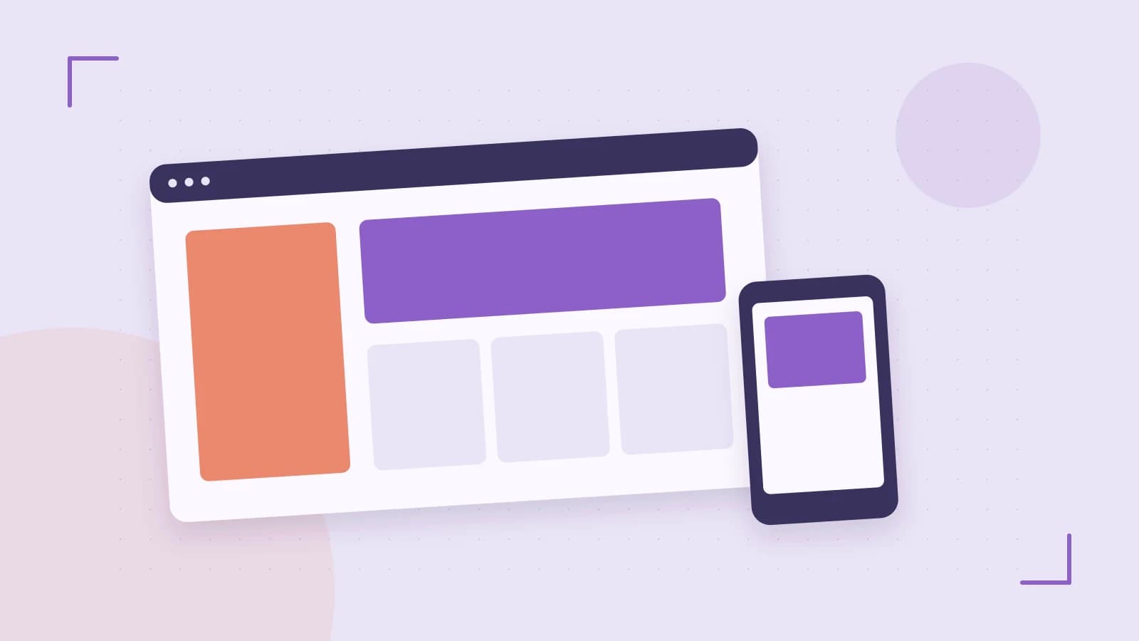 Editorial illustration of responsive browser layouts, overlapping design components and a color system