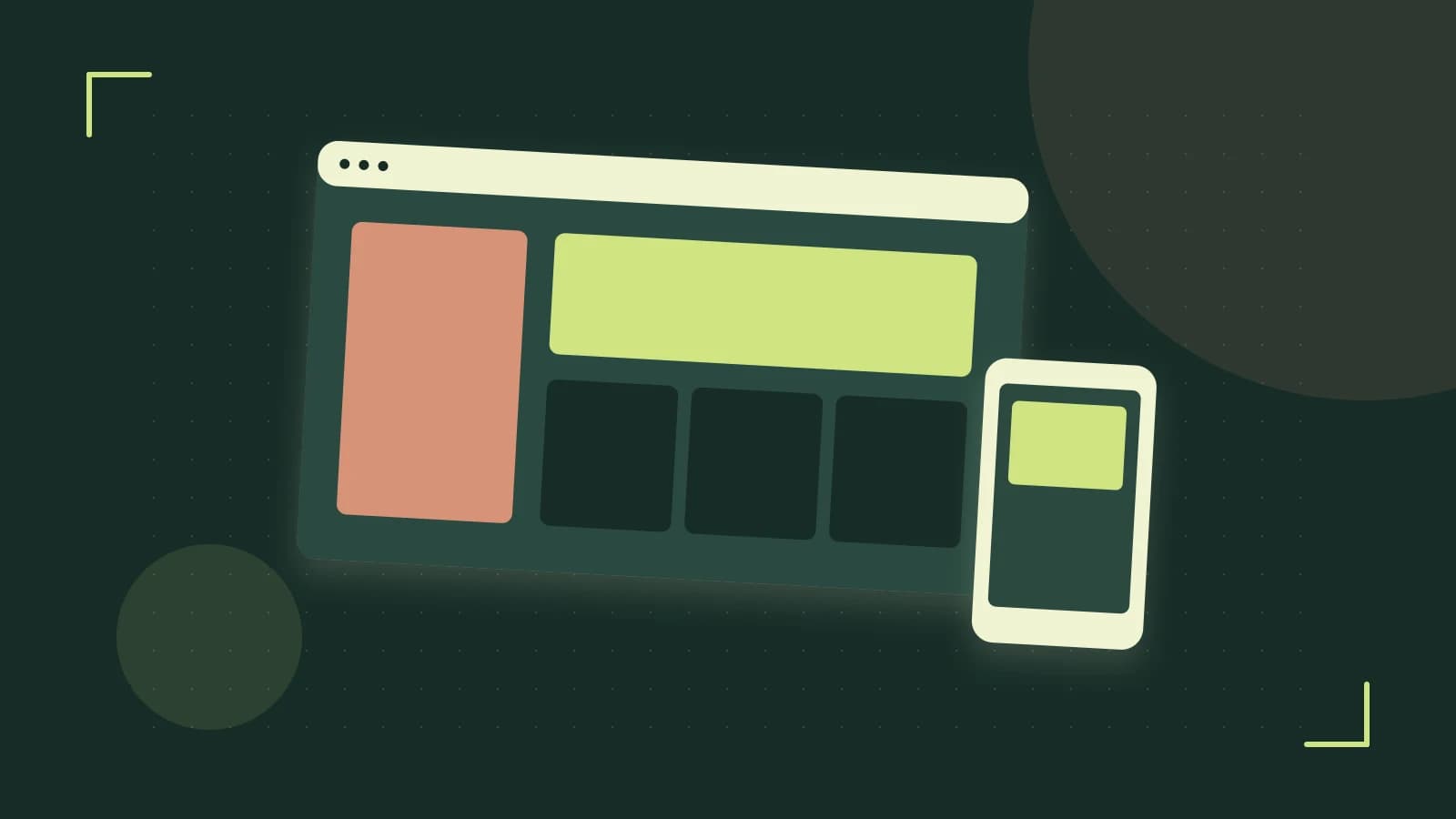 Editorial illustration of responsive browser layouts, overlapping design components and a color system