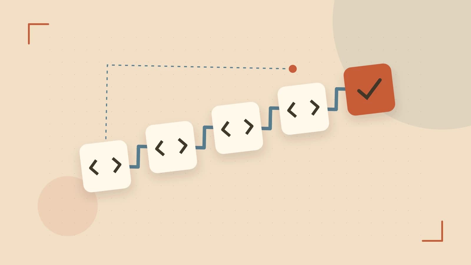 Editorial illustration of a branching build pipeline, staged transformations and a completed check