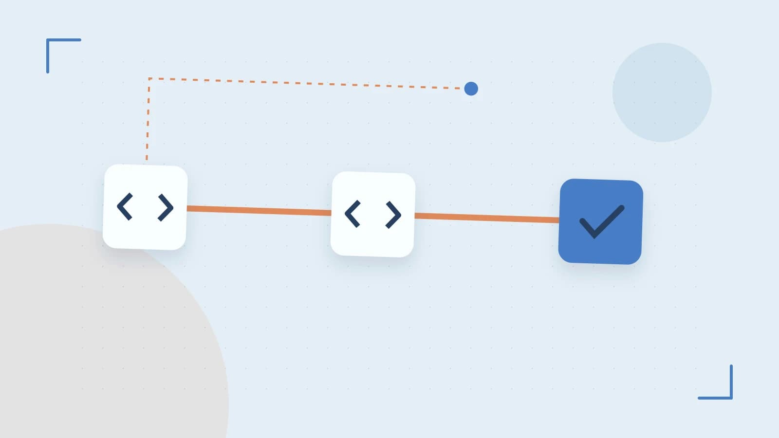 Editorial illustration of a branching build pipeline, staged transformations and a completed check