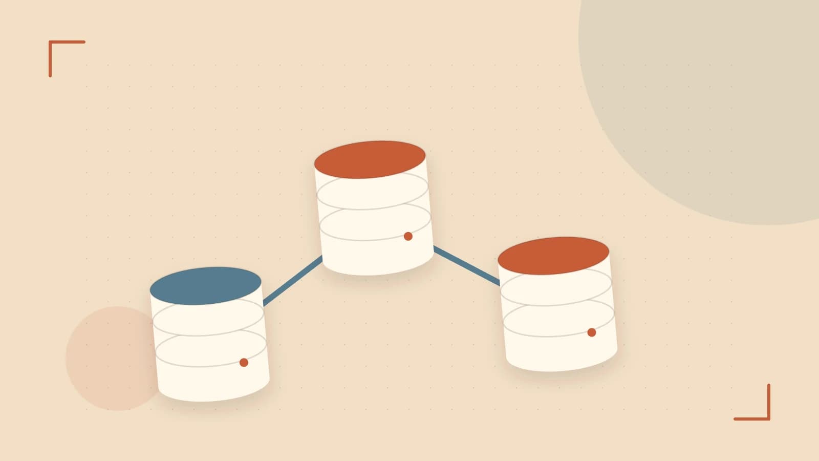 Editorial illustration of structured records, database cylinders and relationships between tables
