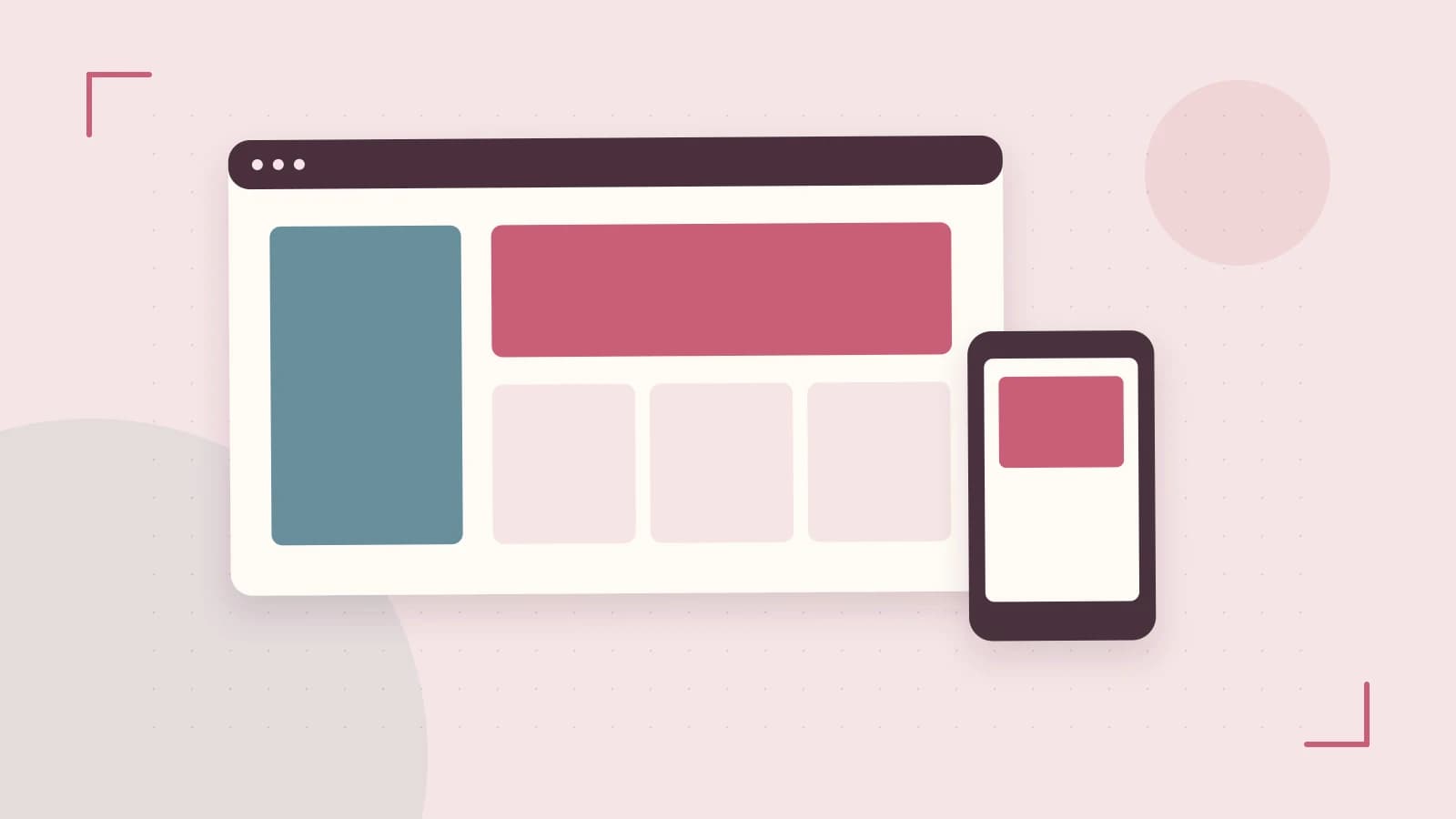 Editorial illustration of responsive browser layouts, overlapping design components and a color system