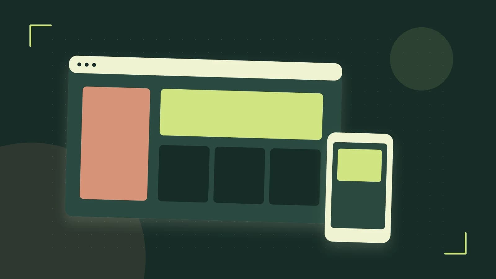 Editorial illustration of responsive browser layouts, overlapping design components and a color system