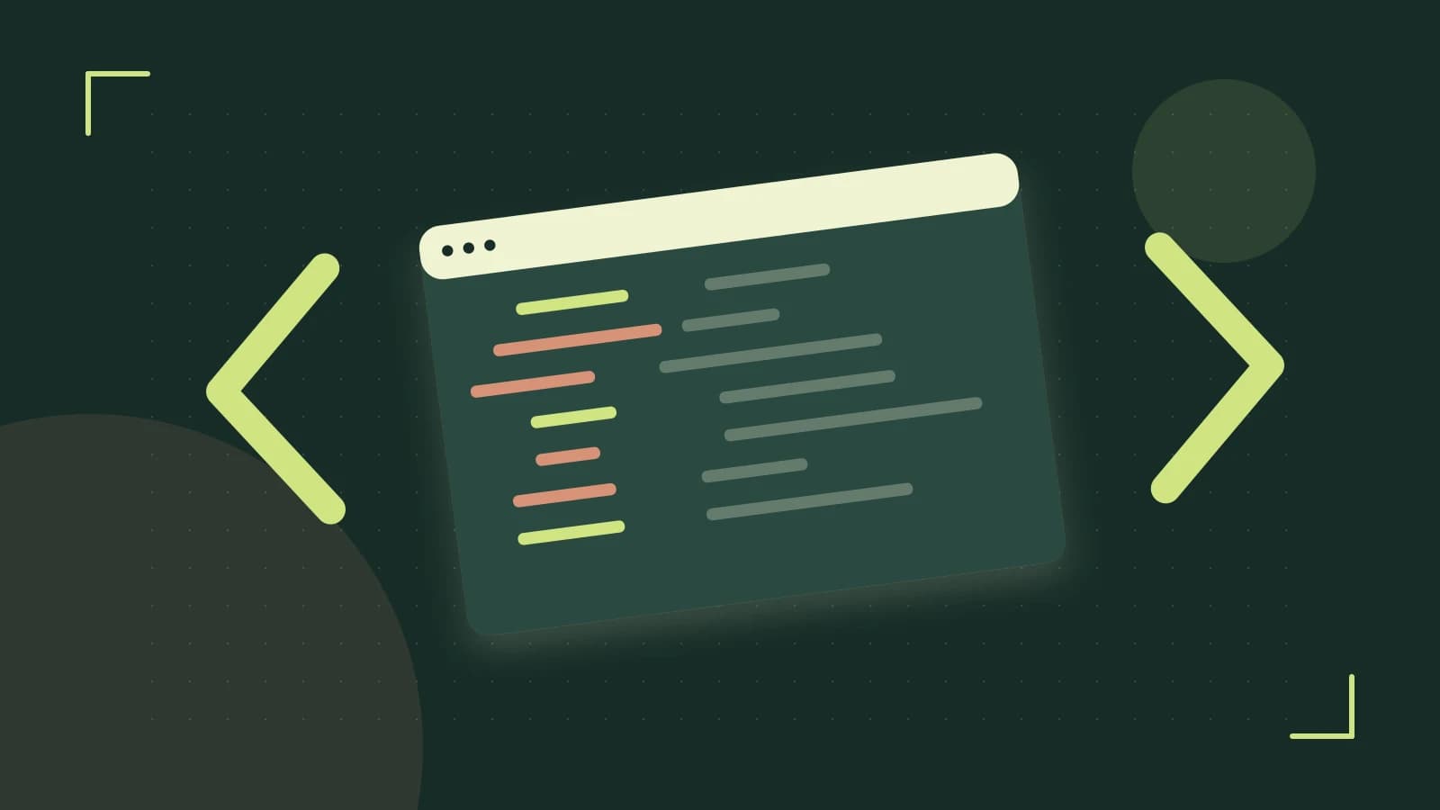Editorial illustration of an abstract code editor, syntax blocks and oversized programming brackets
