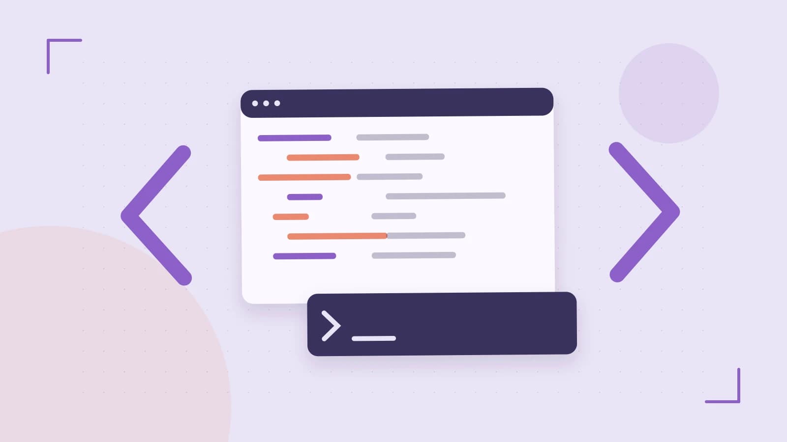 Editorial illustration of an abstract code editor, syntax blocks and oversized programming brackets