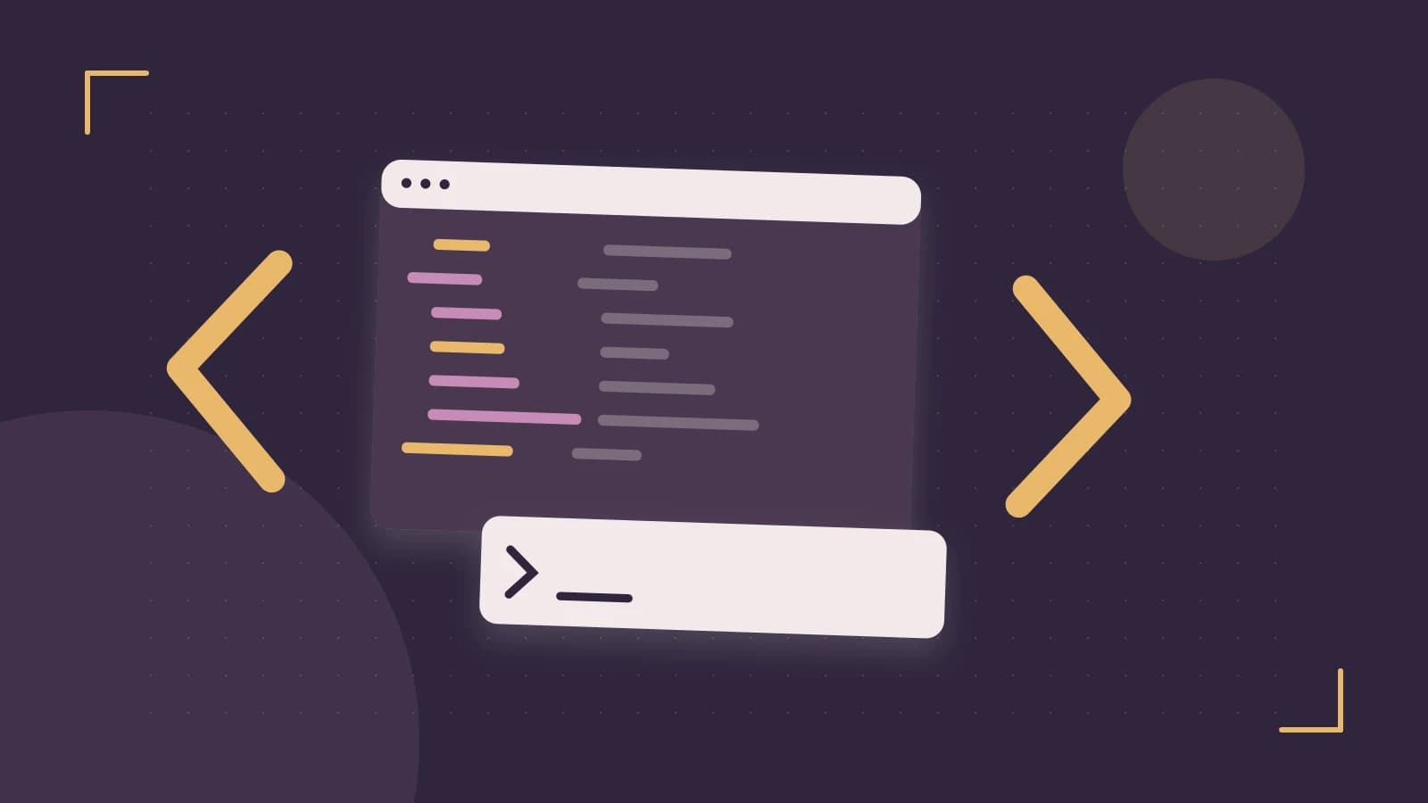 Editorial illustration of an abstract code editor, syntax blocks and oversized programming brackets