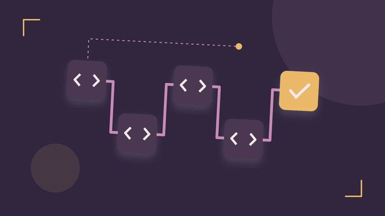 Editorial illustration of a branching build pipeline, staged transformations and a completed check