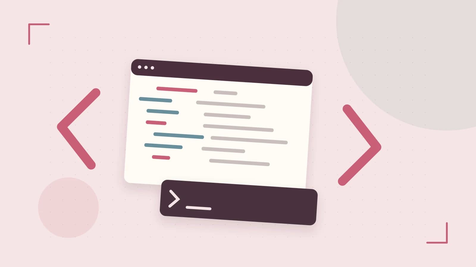 Editorial illustration of an abstract code editor, syntax blocks and oversized programming brackets