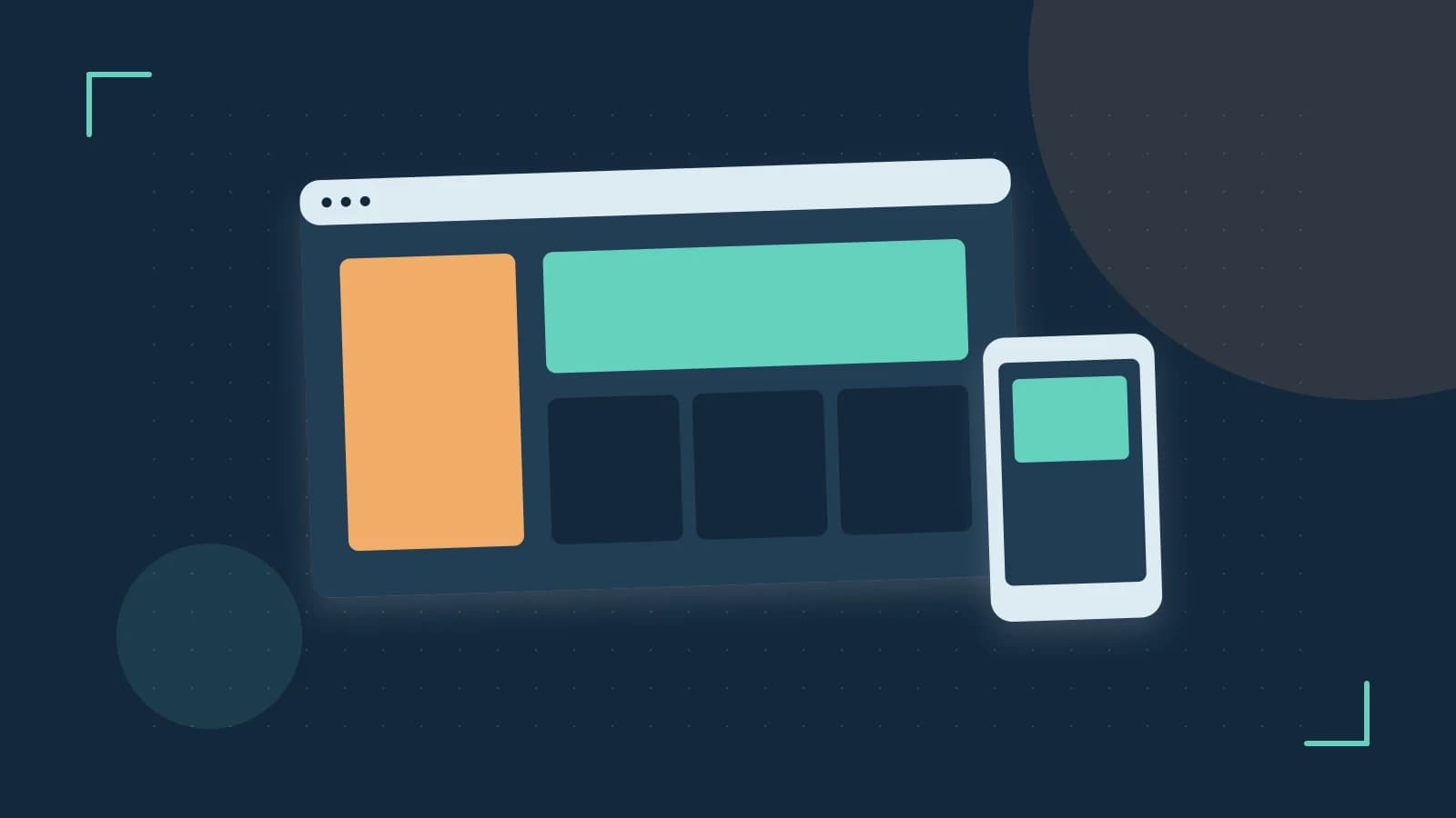 Editorial illustration of responsive browser layouts, overlapping design components and a color system