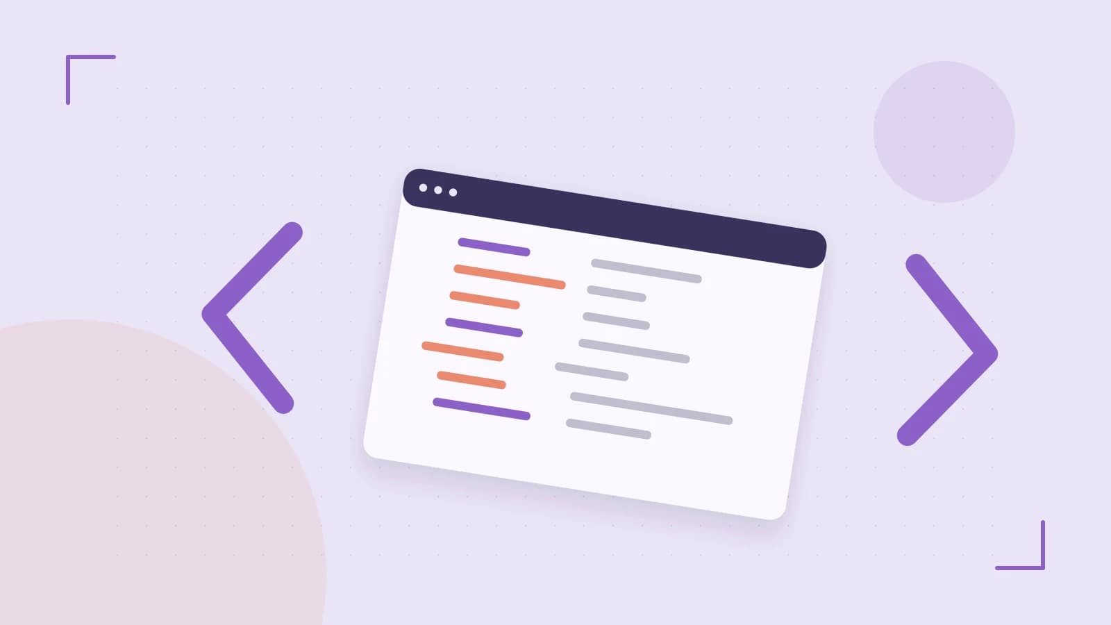 Editorial illustration of an abstract code editor, syntax blocks and oversized programming brackets
