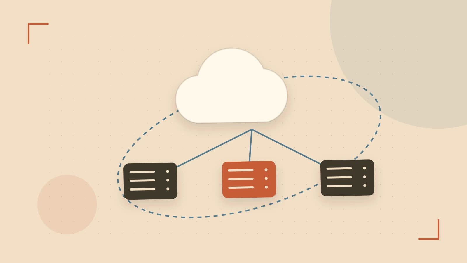 Editorial illustration of cloud infrastructure, connected server racks and an orbital service map