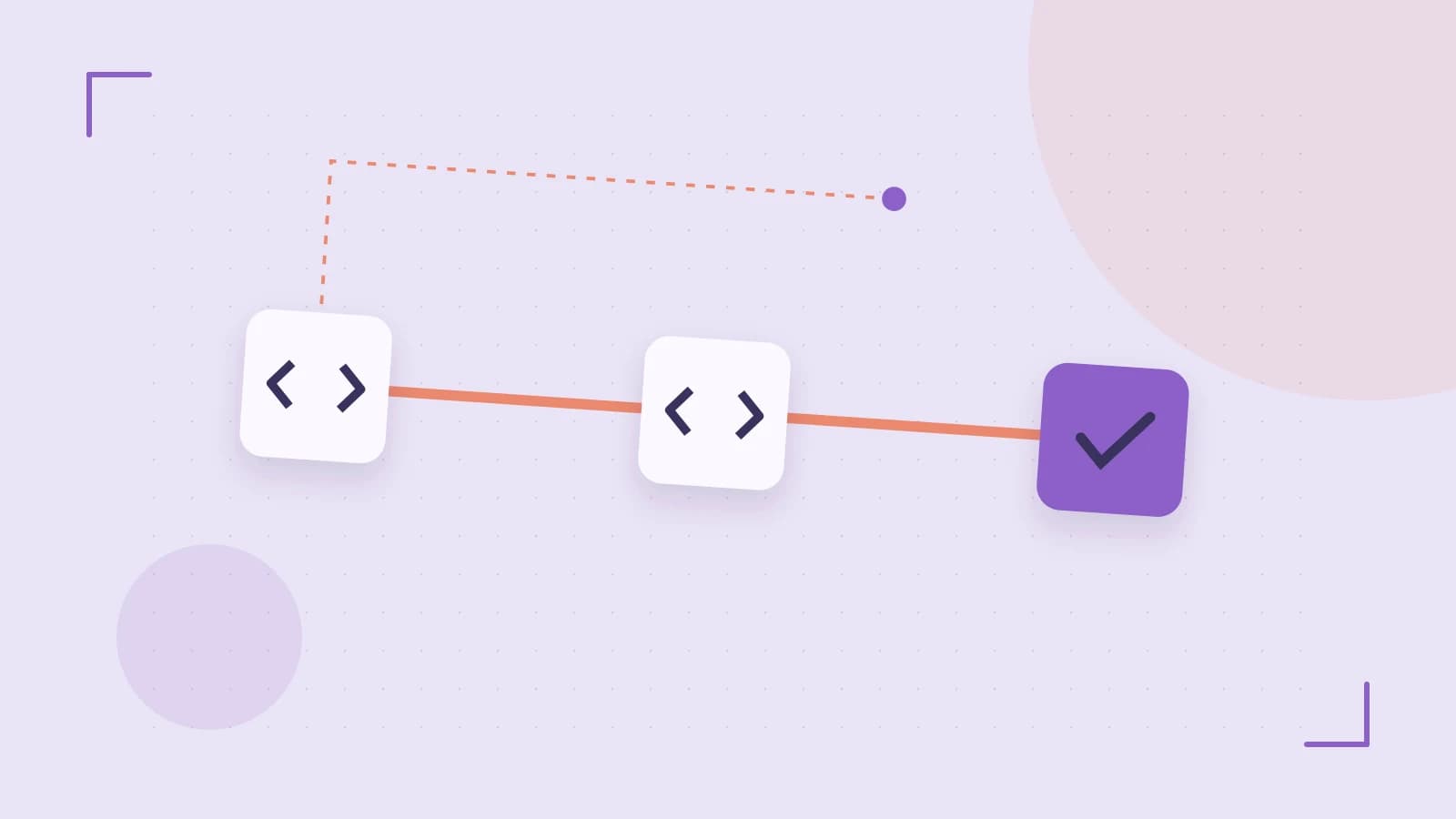Editorial illustration of a branching build pipeline, staged transformations and a completed check