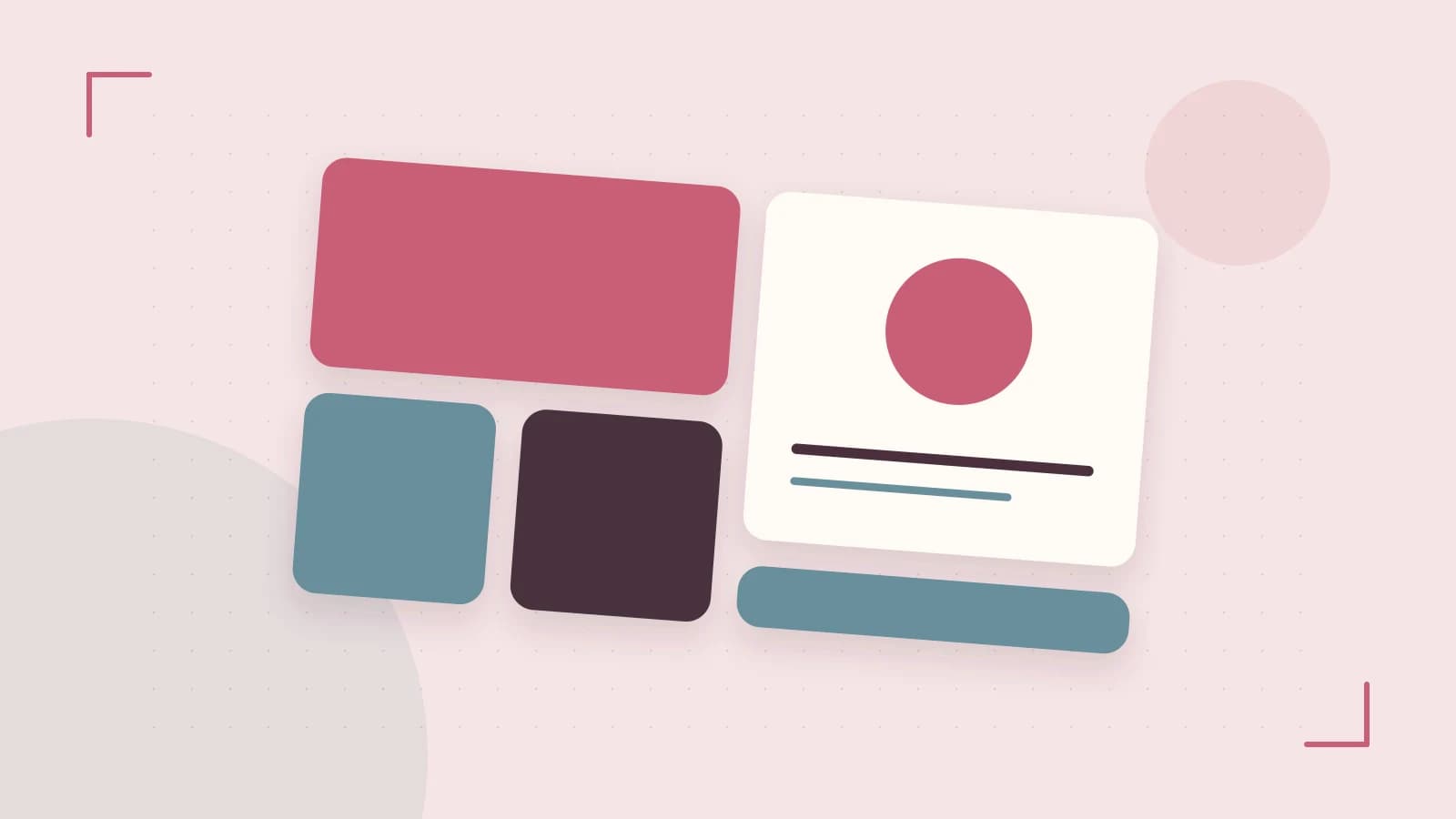 Editorial illustration of responsive browser layouts, overlapping design components and a color system