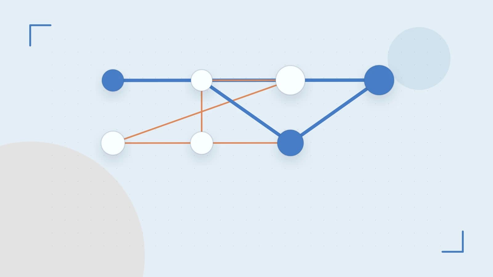 Editorial illustration of an algorithmic node graph with branching paths and a highlighted result