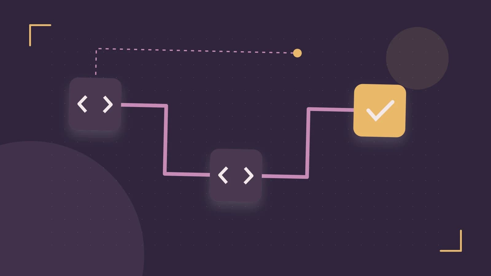 Editorial illustration of a branching build pipeline, staged transformations and a completed check