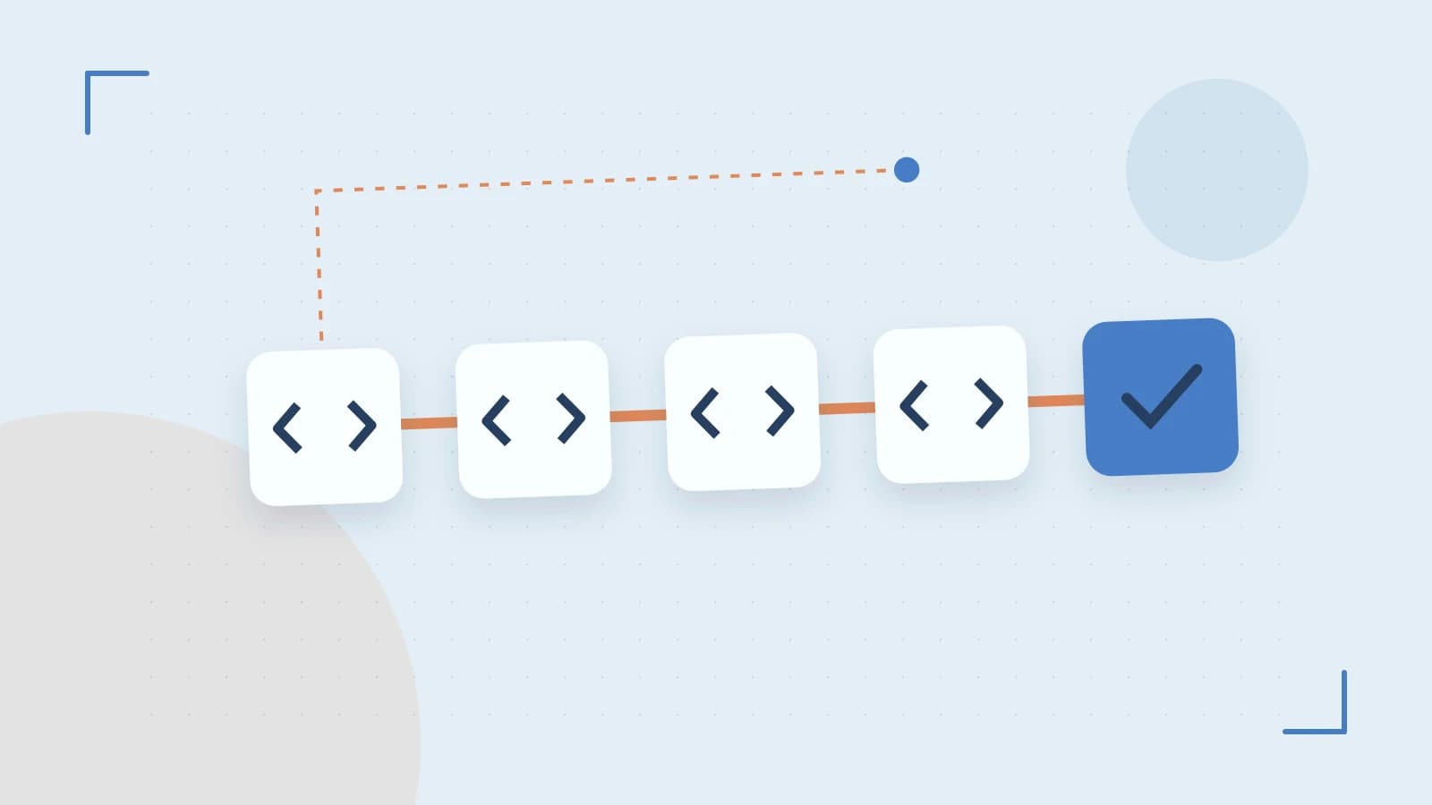 Editorial illustration of a branching build pipeline, staged transformations and a completed check