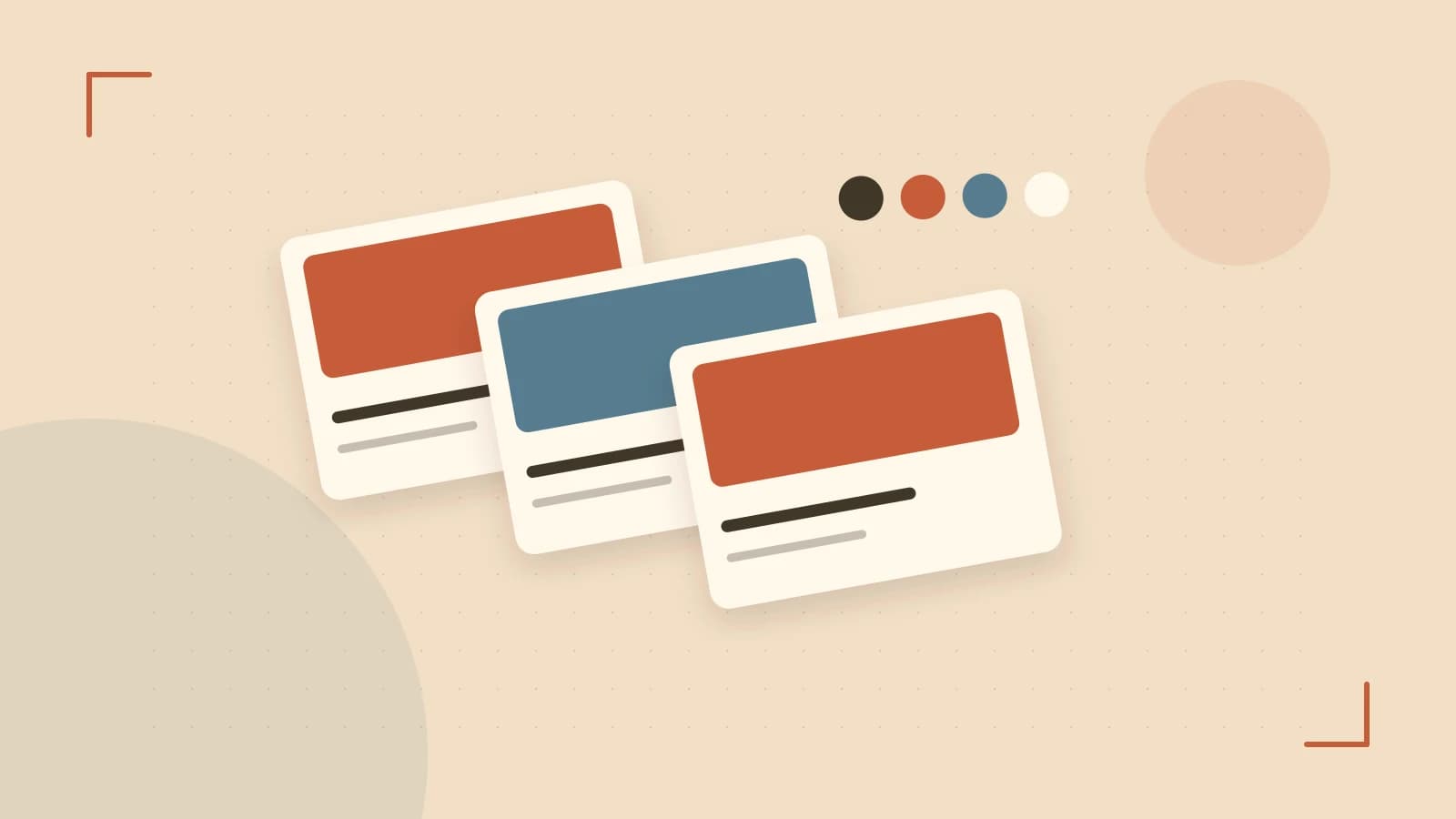 Editorial illustration of responsive browser layouts, overlapping design components and a color system