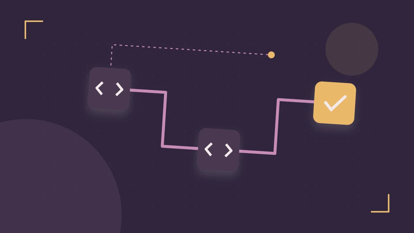 Editorial illustration of a branching build pipeline, staged transformations and a completed check