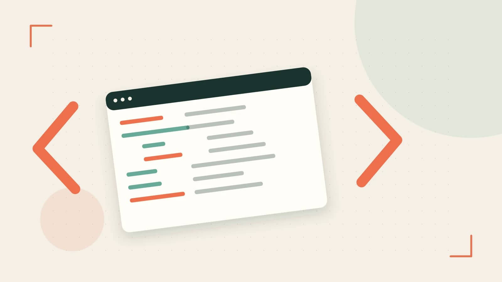 Editorial illustration of an abstract code editor, syntax blocks and oversized programming brackets