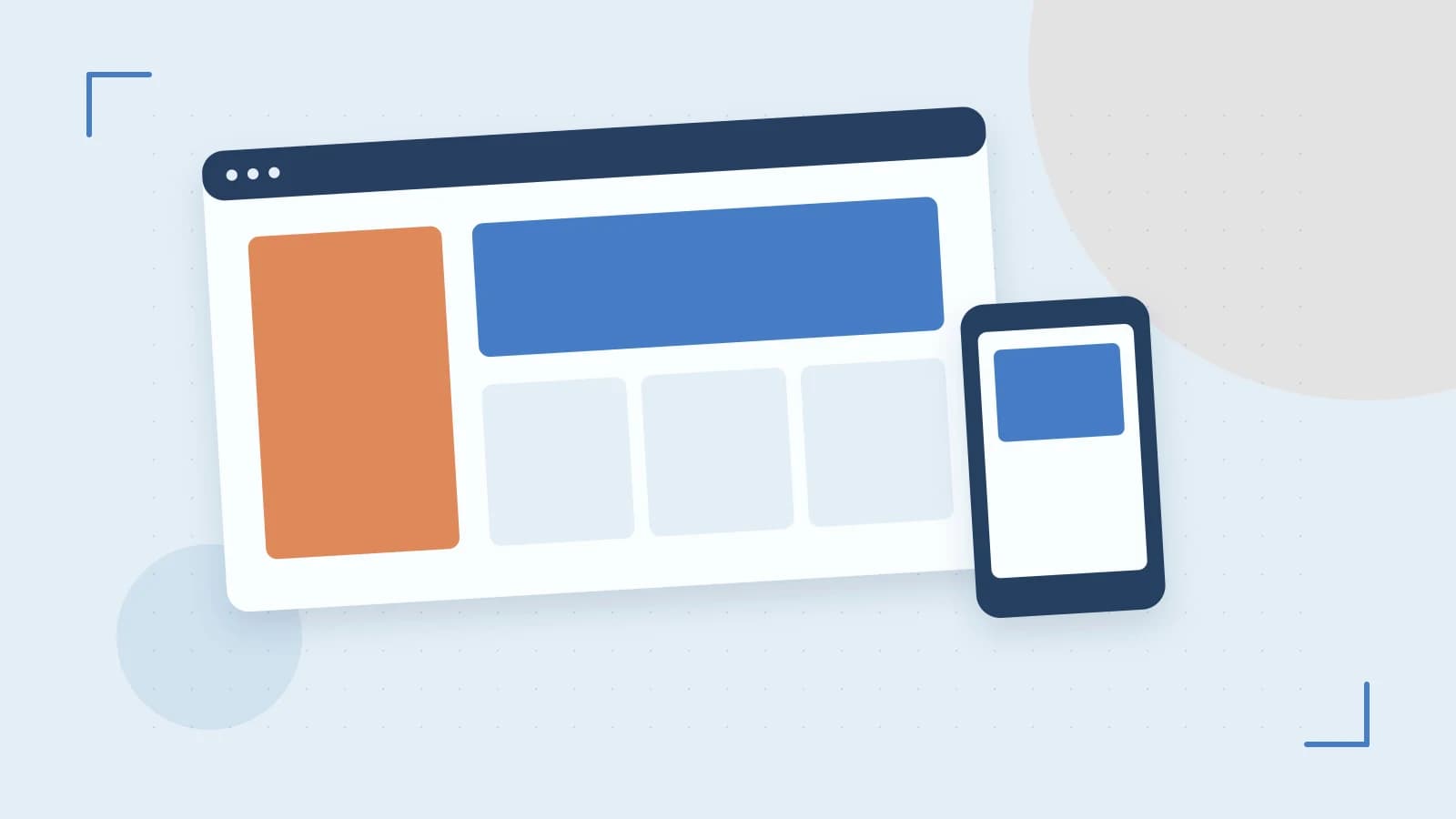 Editorial illustration of responsive browser layouts, overlapping design components and a color system