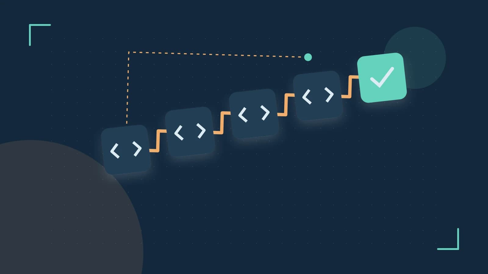 Editorial illustration of a branching build pipeline, staged transformations and a completed check