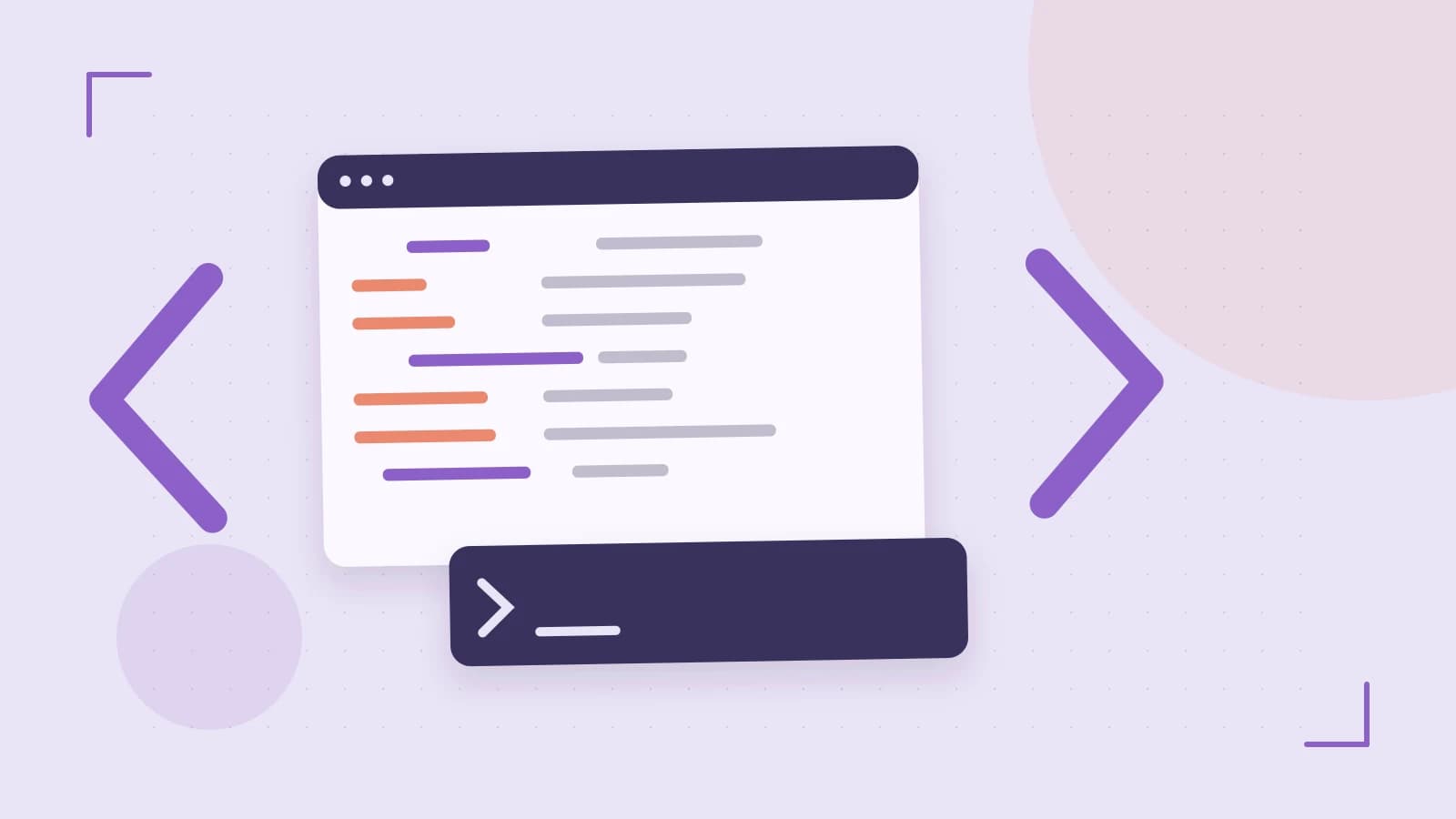 Editorial illustration of an abstract code editor, syntax blocks and oversized programming brackets