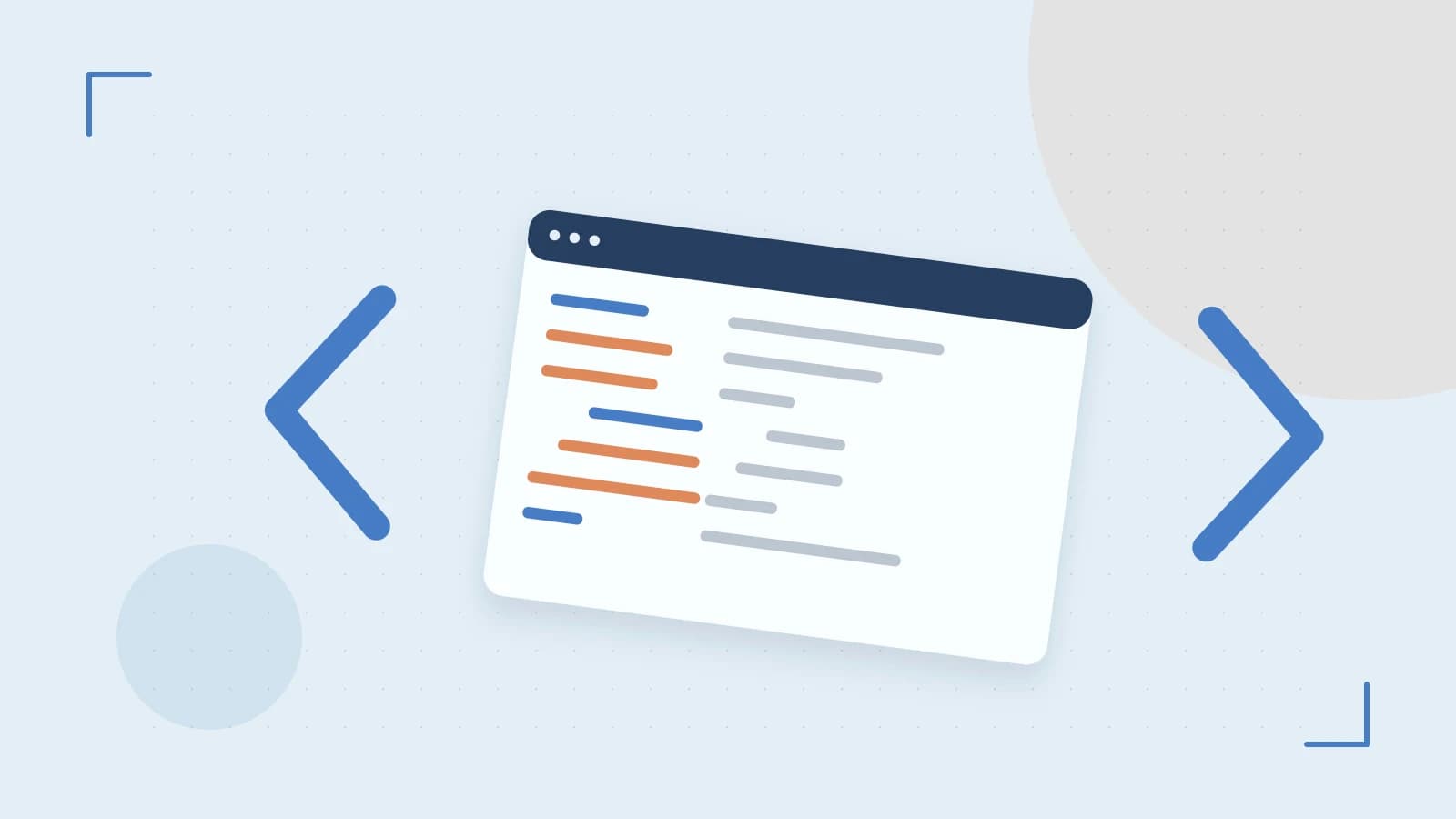Editorial illustration of an abstract code editor, syntax blocks and oversized programming brackets