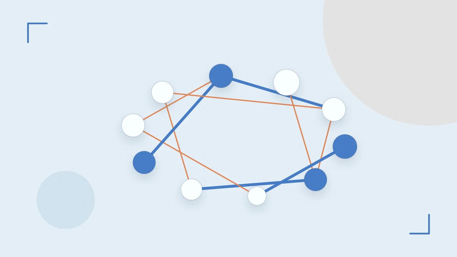Editorial illustration of an algorithmic node graph with branching paths and a highlighted result