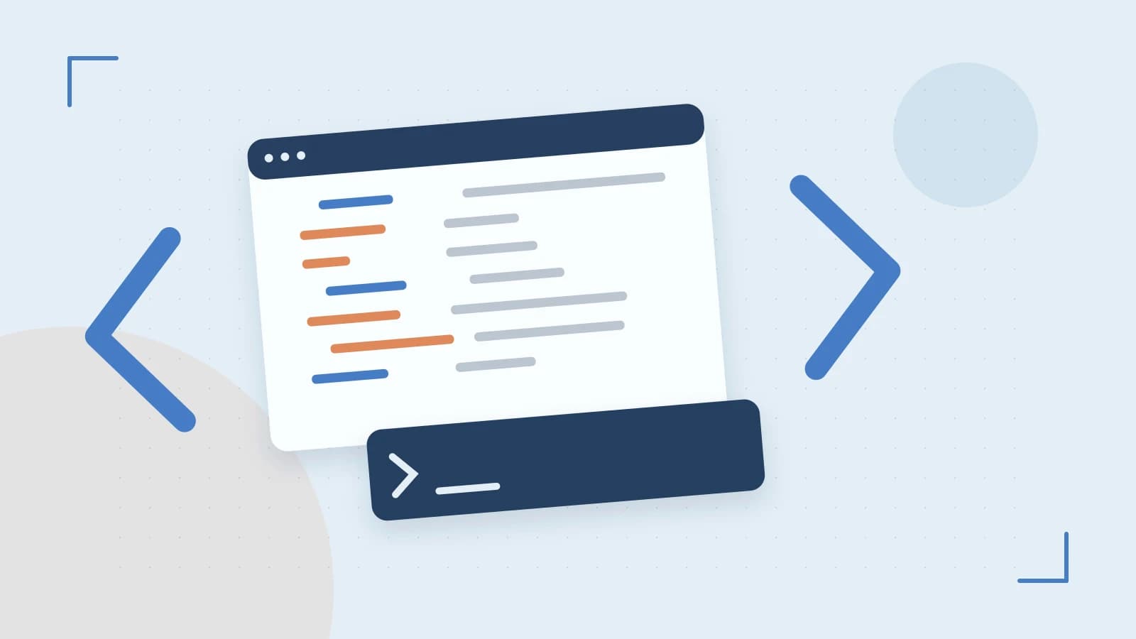 Editorial illustration of an abstract code editor, syntax blocks and oversized programming brackets