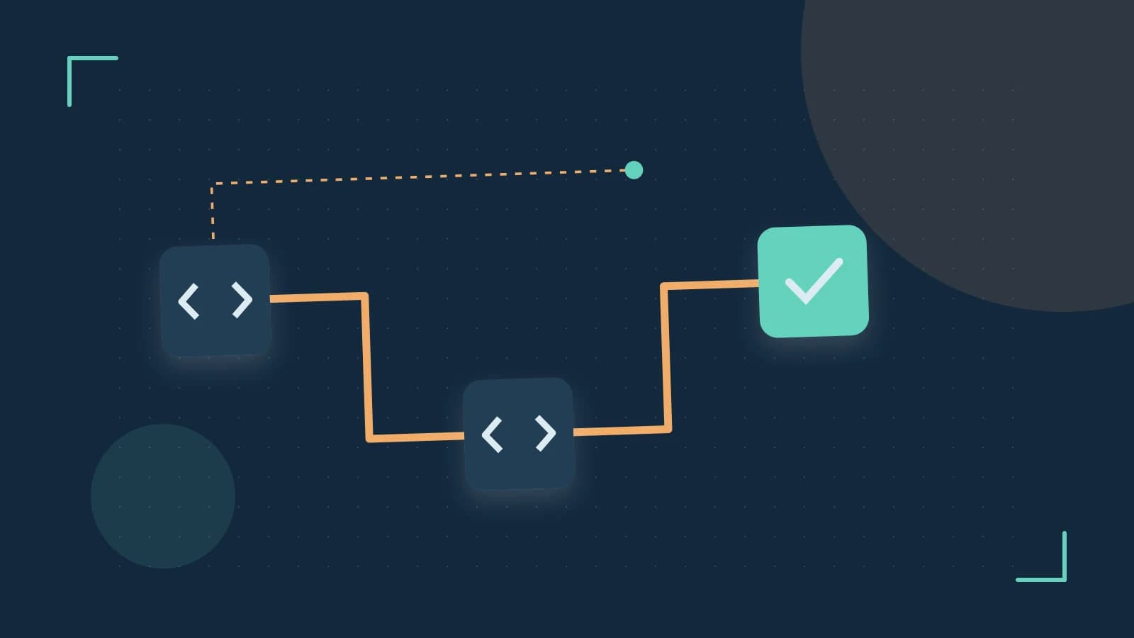 Editorial illustration of a branching build pipeline, staged transformations and a completed check