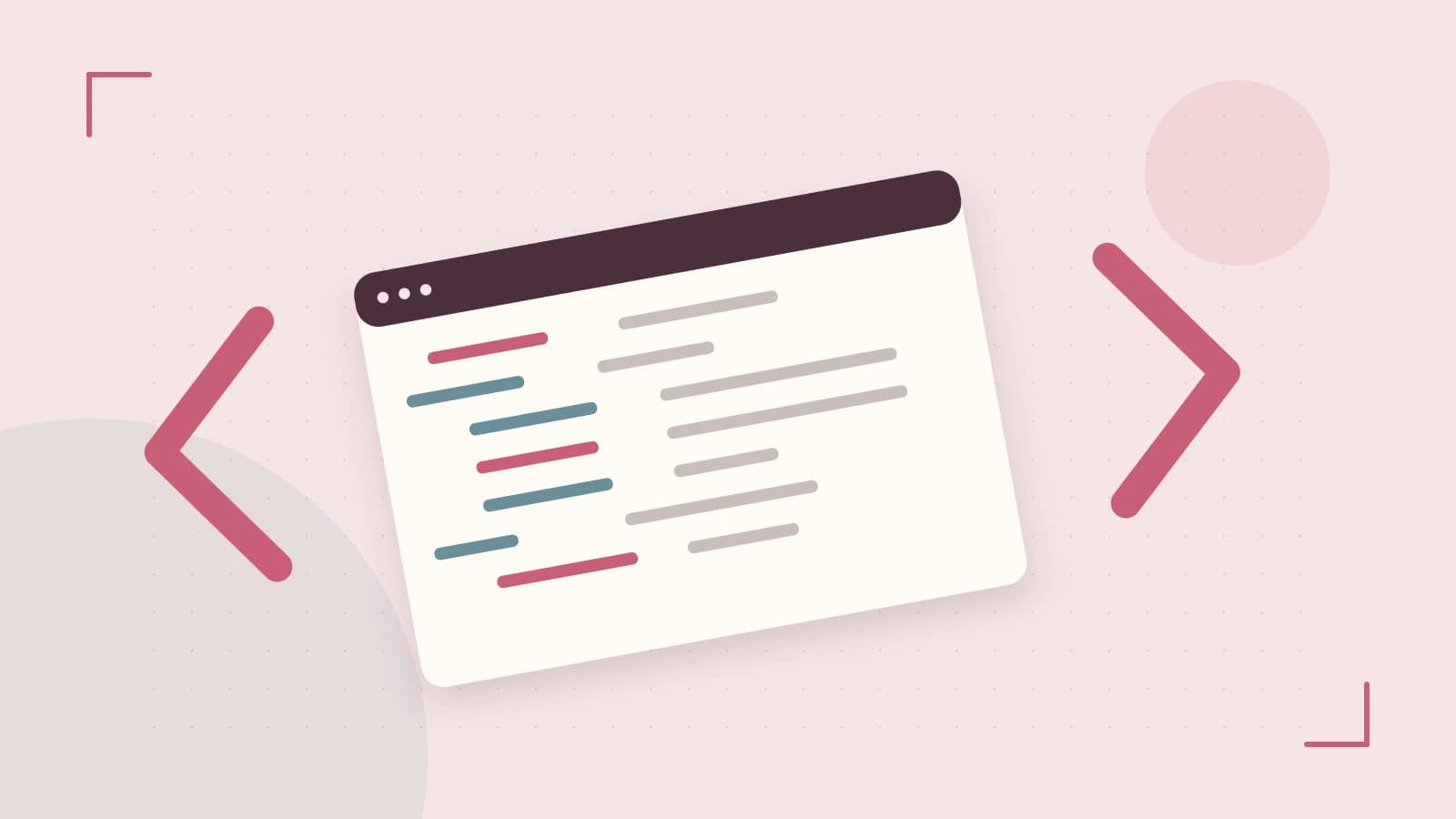 Editorial illustration of an abstract code editor, syntax blocks and oversized programming brackets