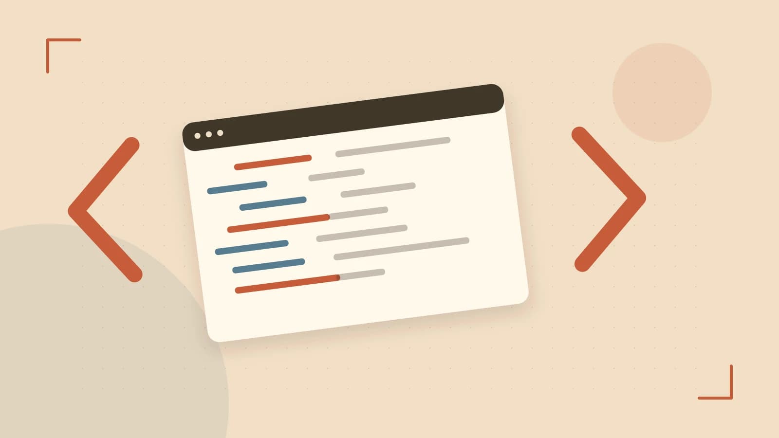 Editorial illustration of an abstract code editor, syntax blocks and oversized programming brackets
