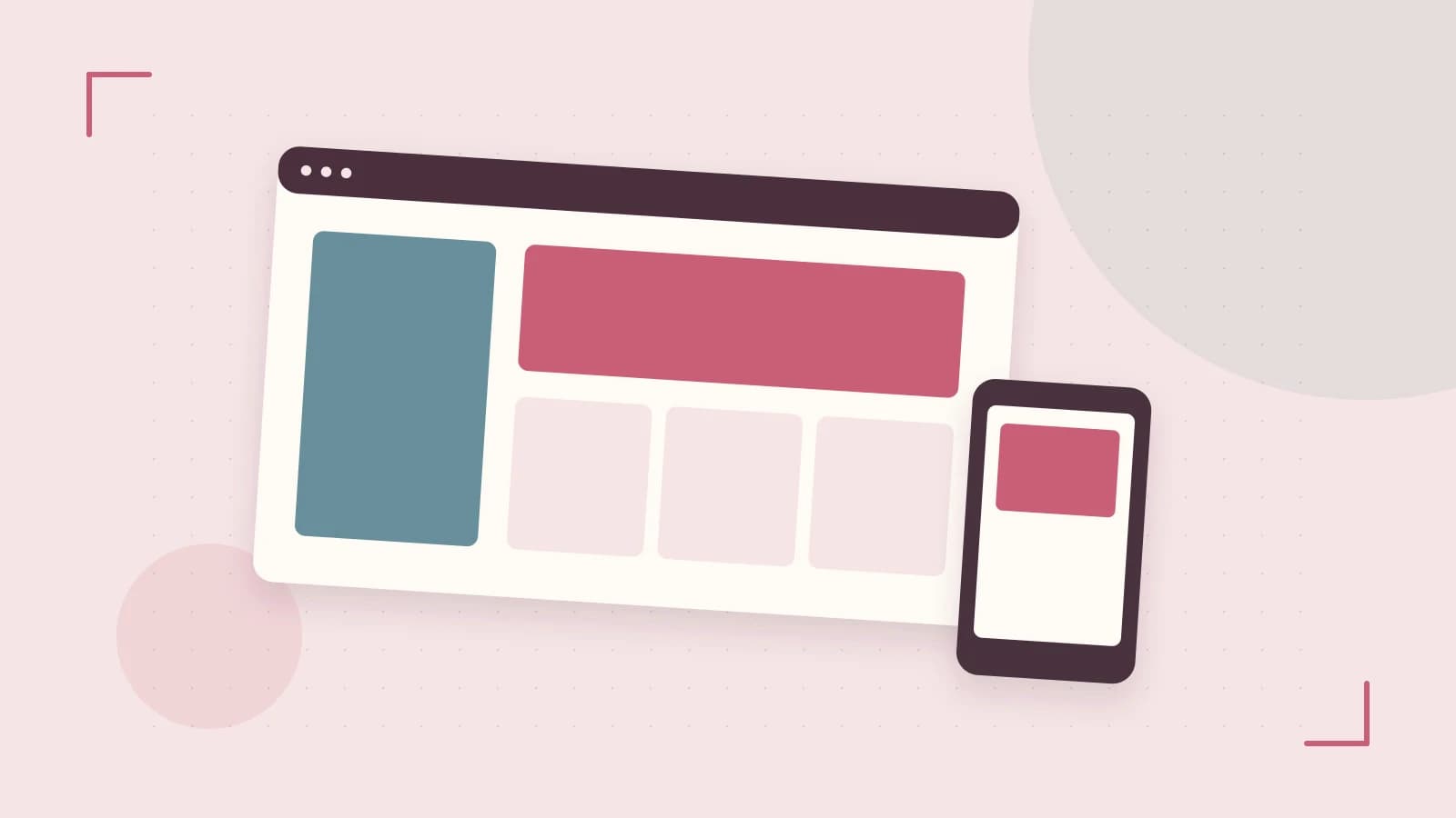 Editorial illustration of responsive browser layouts, overlapping design components and a color system