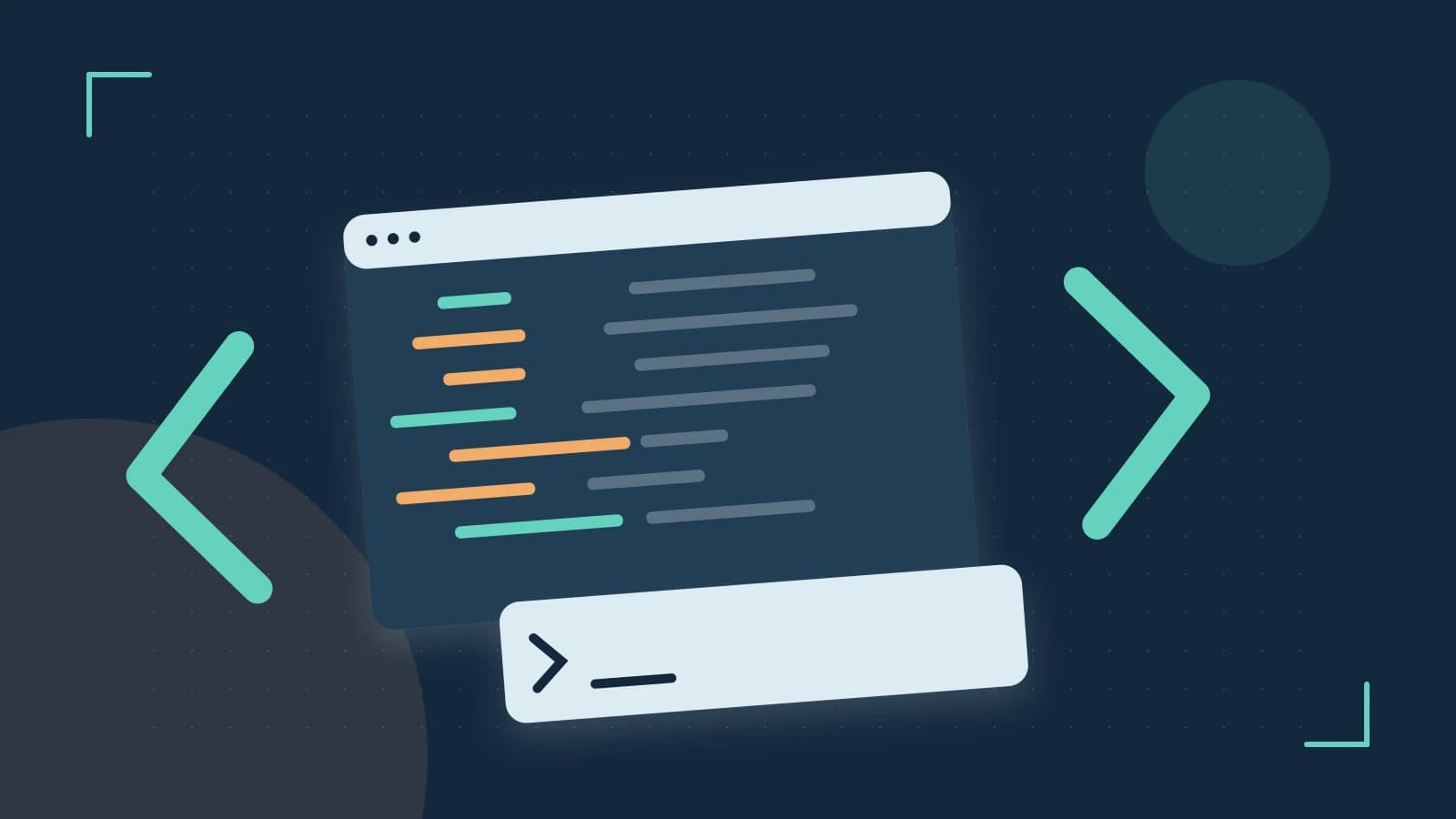 Editorial illustration of an abstract code editor, syntax blocks and oversized programming brackets