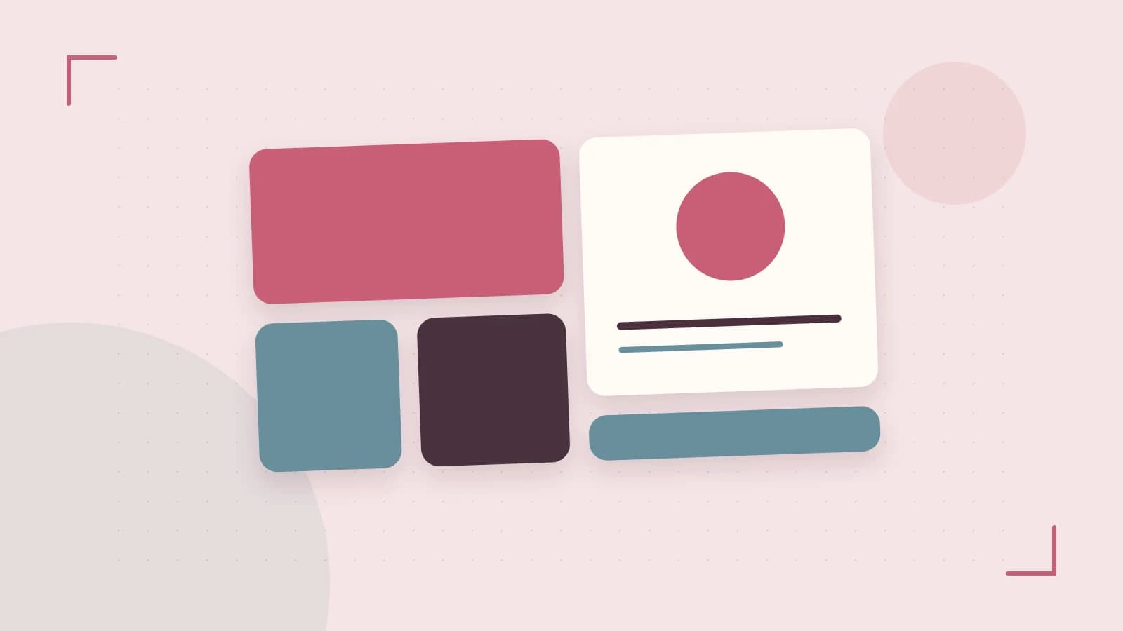 Editorial illustration of responsive browser layouts, overlapping design components and a color system