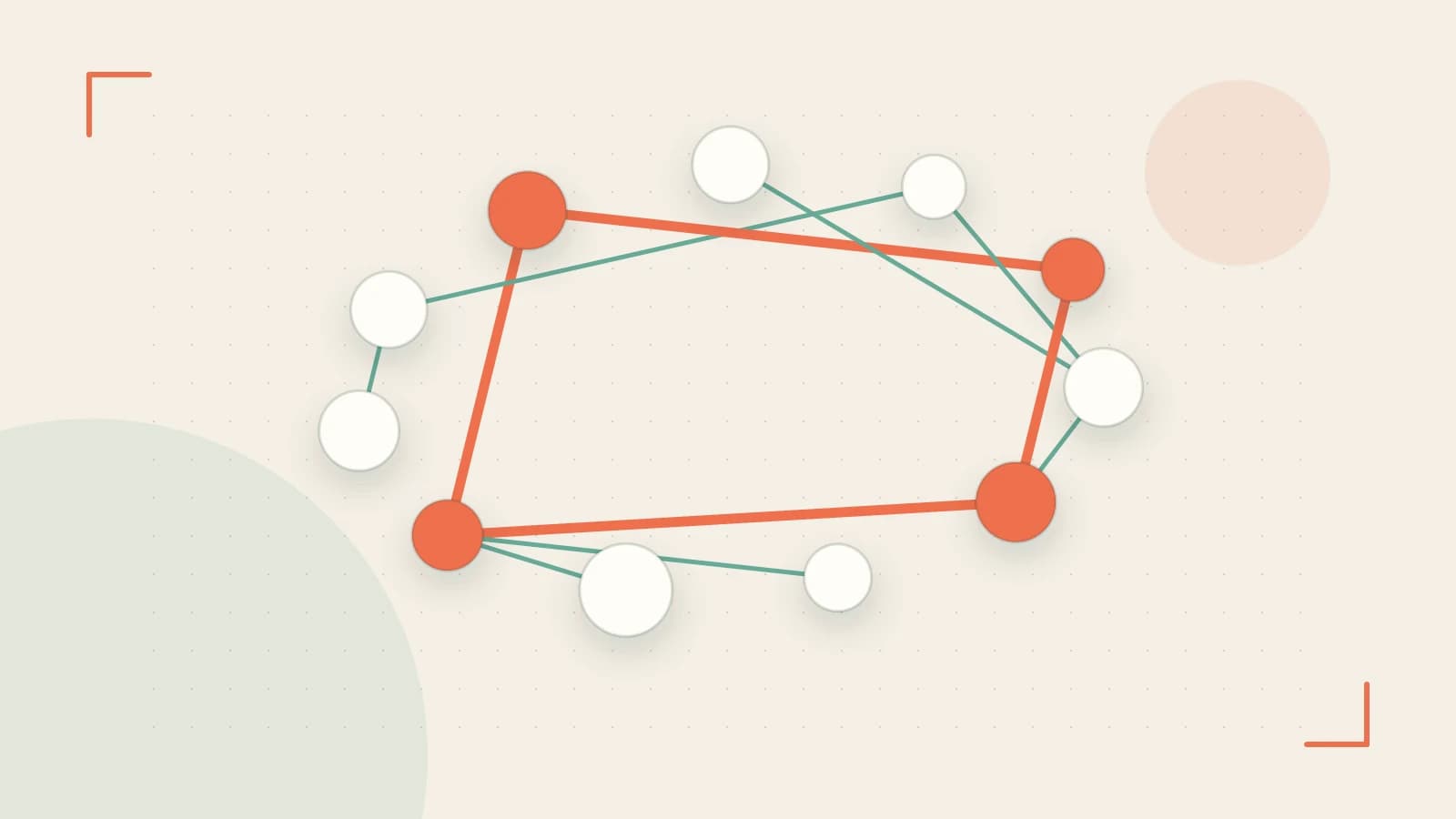 Editorial illustration of an algorithmic node graph with branching paths and a highlighted result