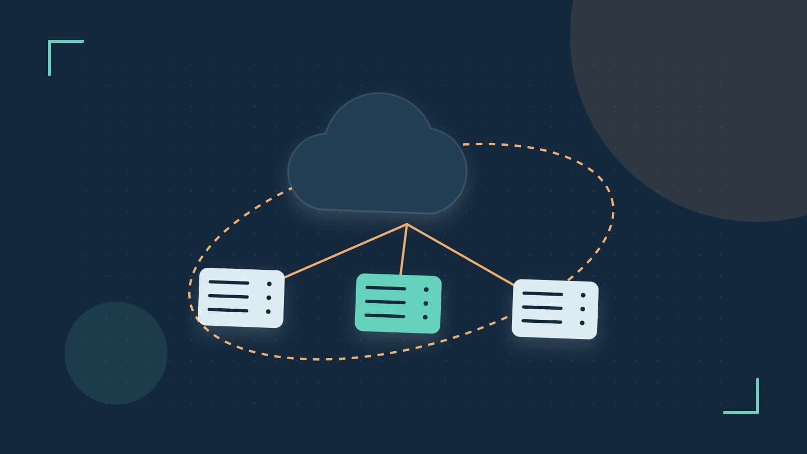 Editorial illustration of cloud infrastructure, connected server racks and an orbital service map