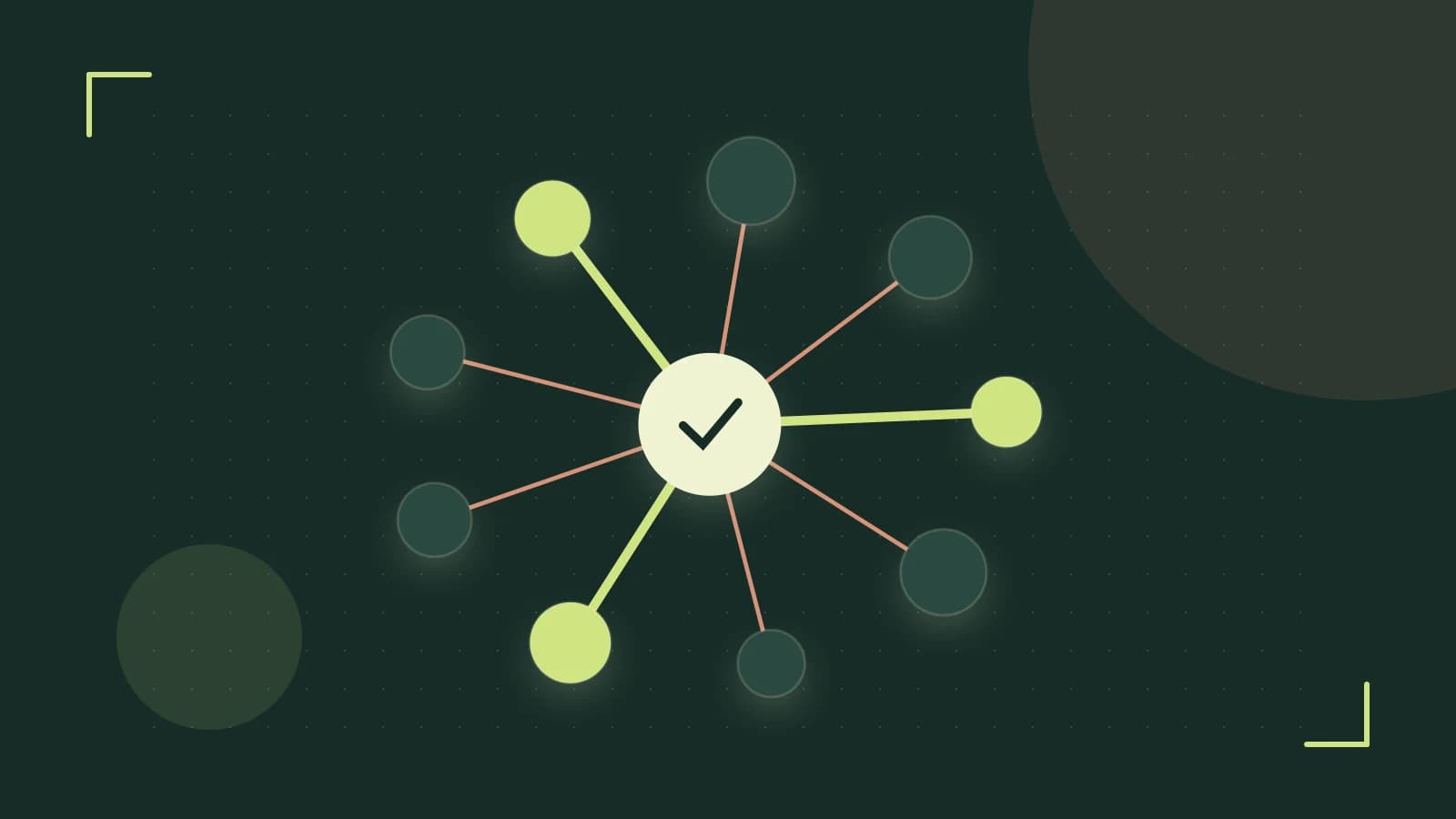 Editorial illustration of an algorithmic node graph with branching paths and a highlighted result
