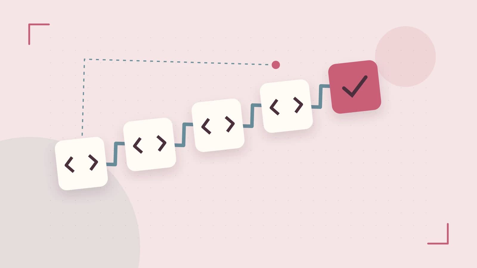 Editorial illustration of a branching build pipeline, staged transformations and a completed check