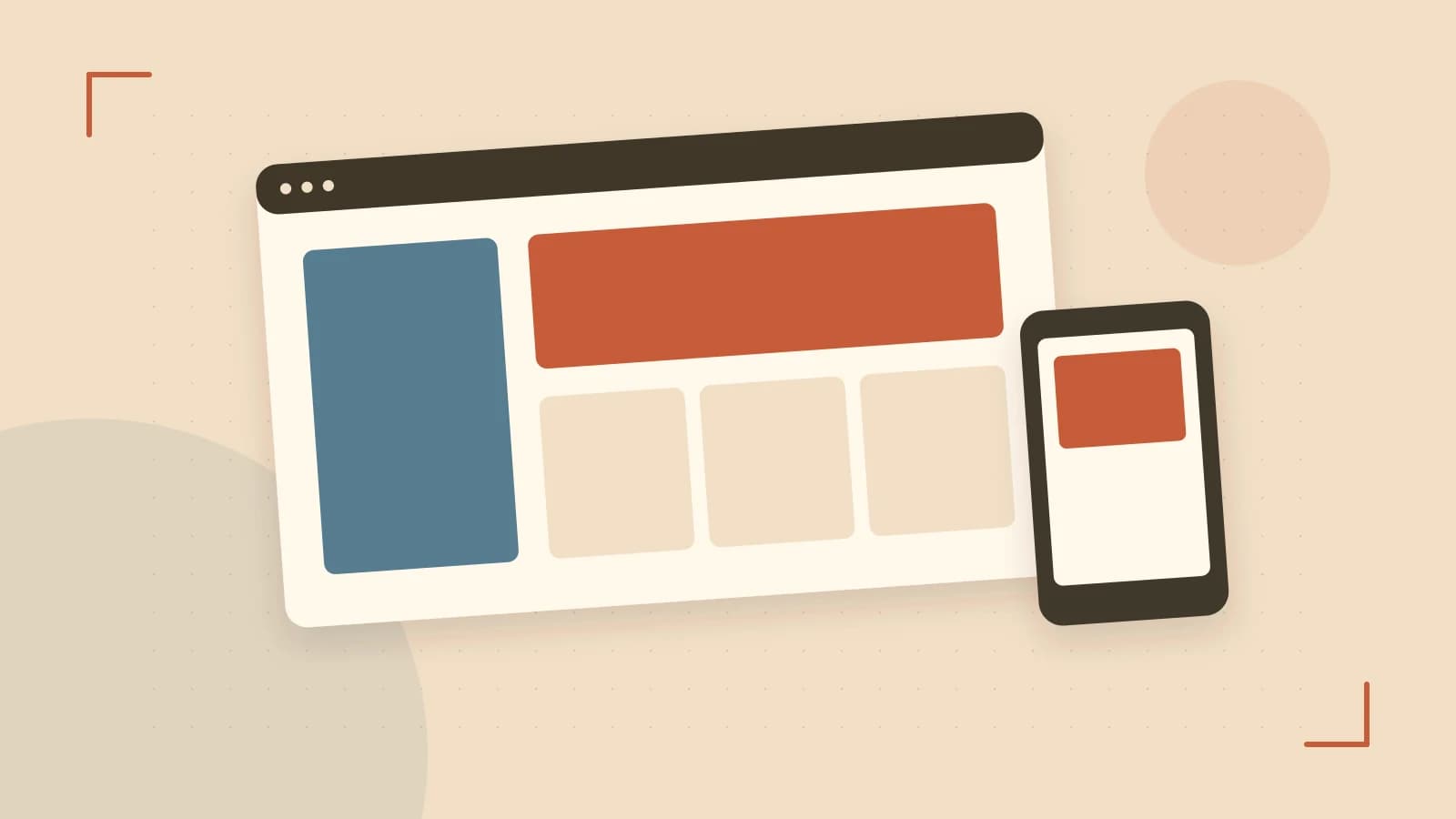 Editorial illustration of responsive browser layouts, overlapping design components and a color system