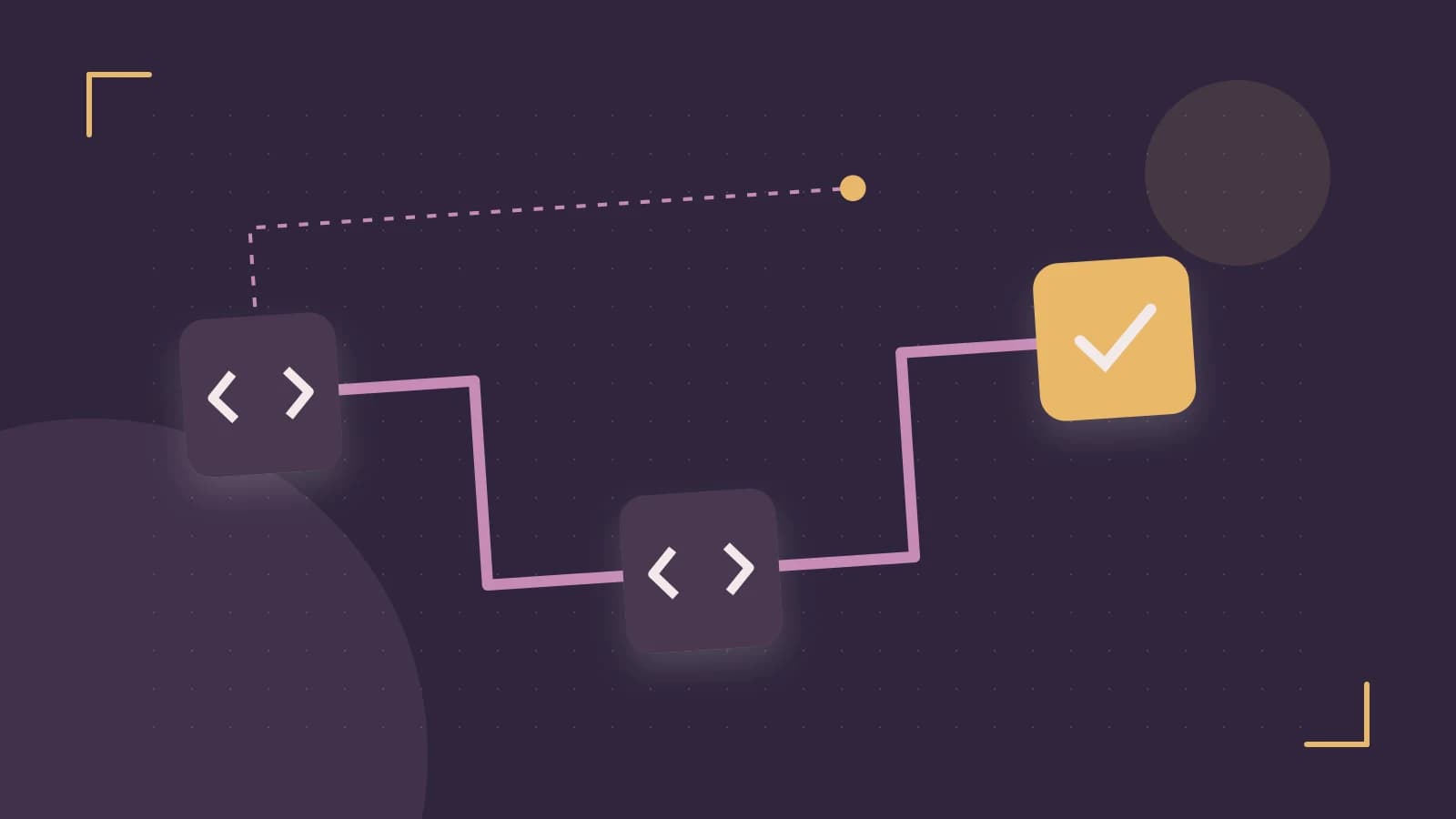 Editorial illustration of a branching build pipeline, staged transformations and a completed check