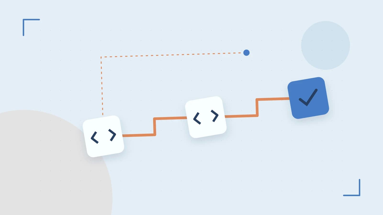 Editorial illustration of a branching build pipeline, staged transformations and a completed check