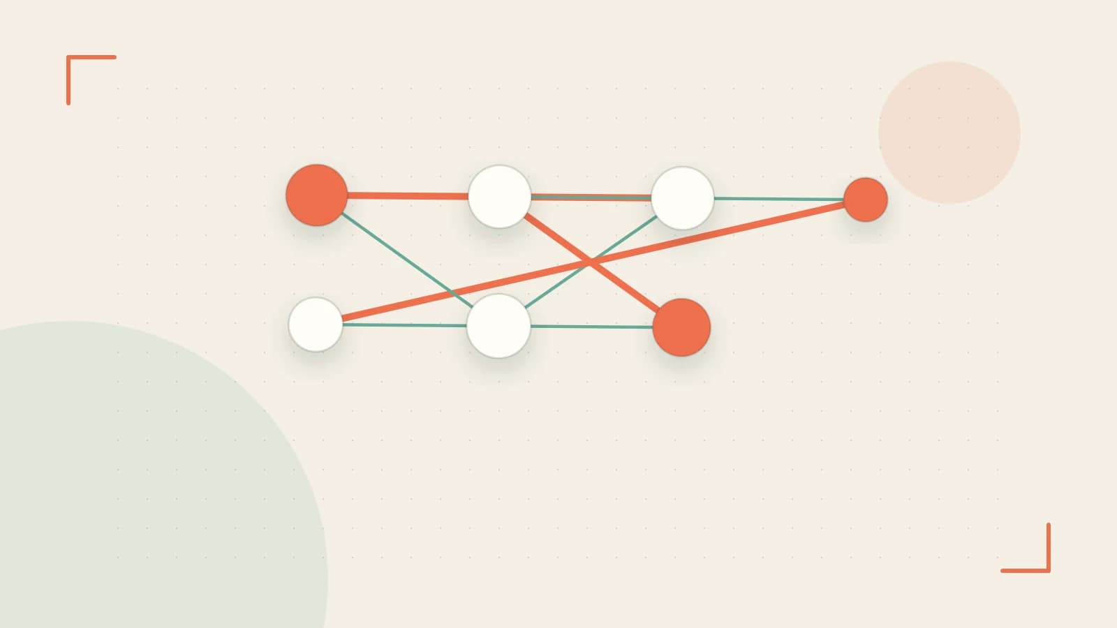Editorial illustration of an algorithmic node graph with branching paths and a highlighted result