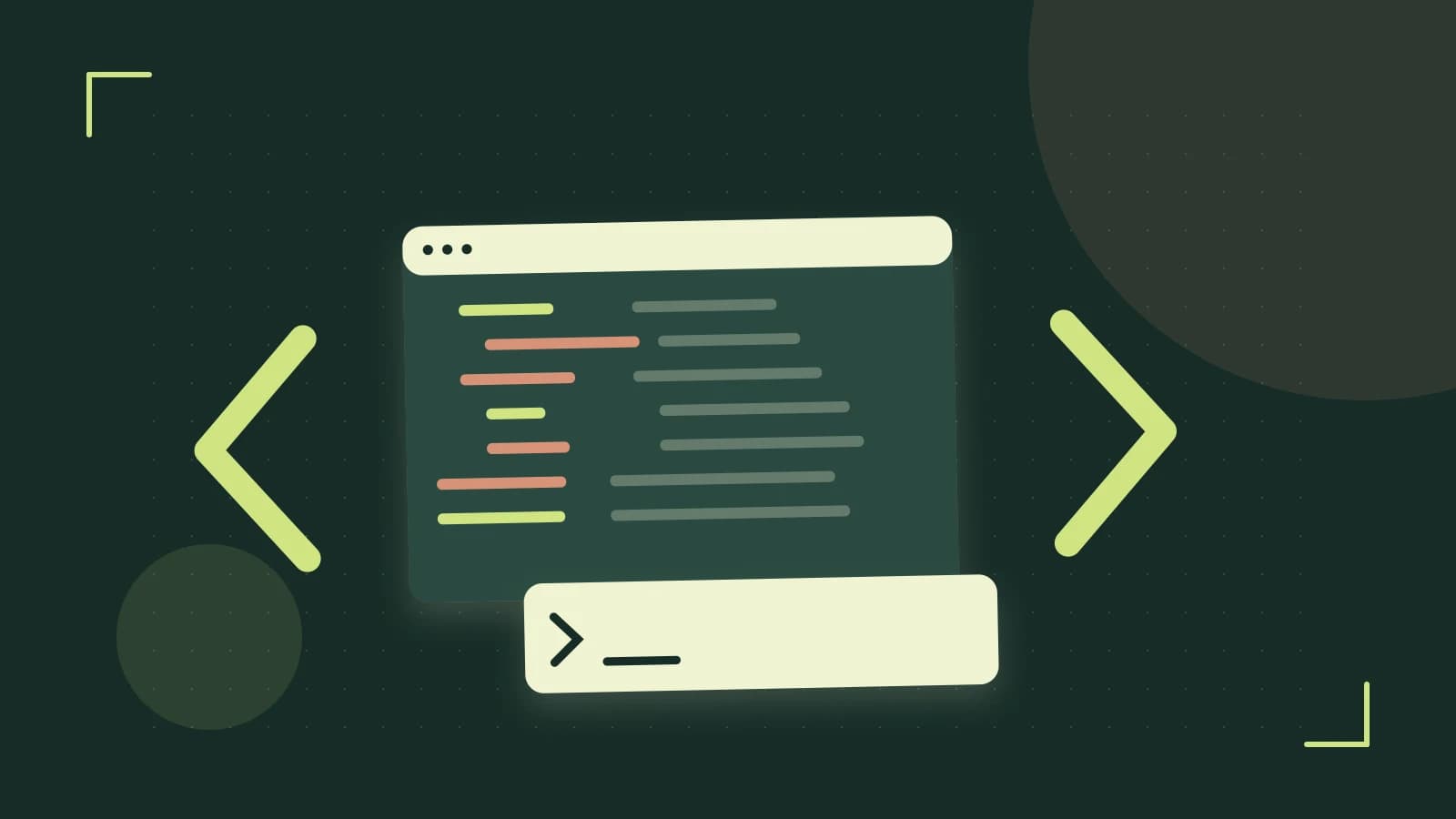 Editorial illustration of an abstract code editor, syntax blocks and oversized programming brackets